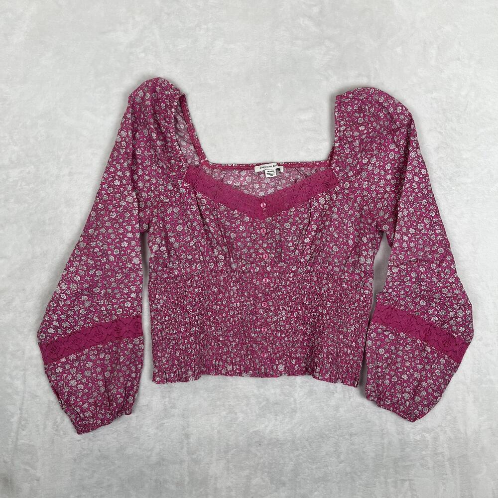 American Eagle Top Womens M Pink Floral Lace Cropped Peasant Blouse Square Neck